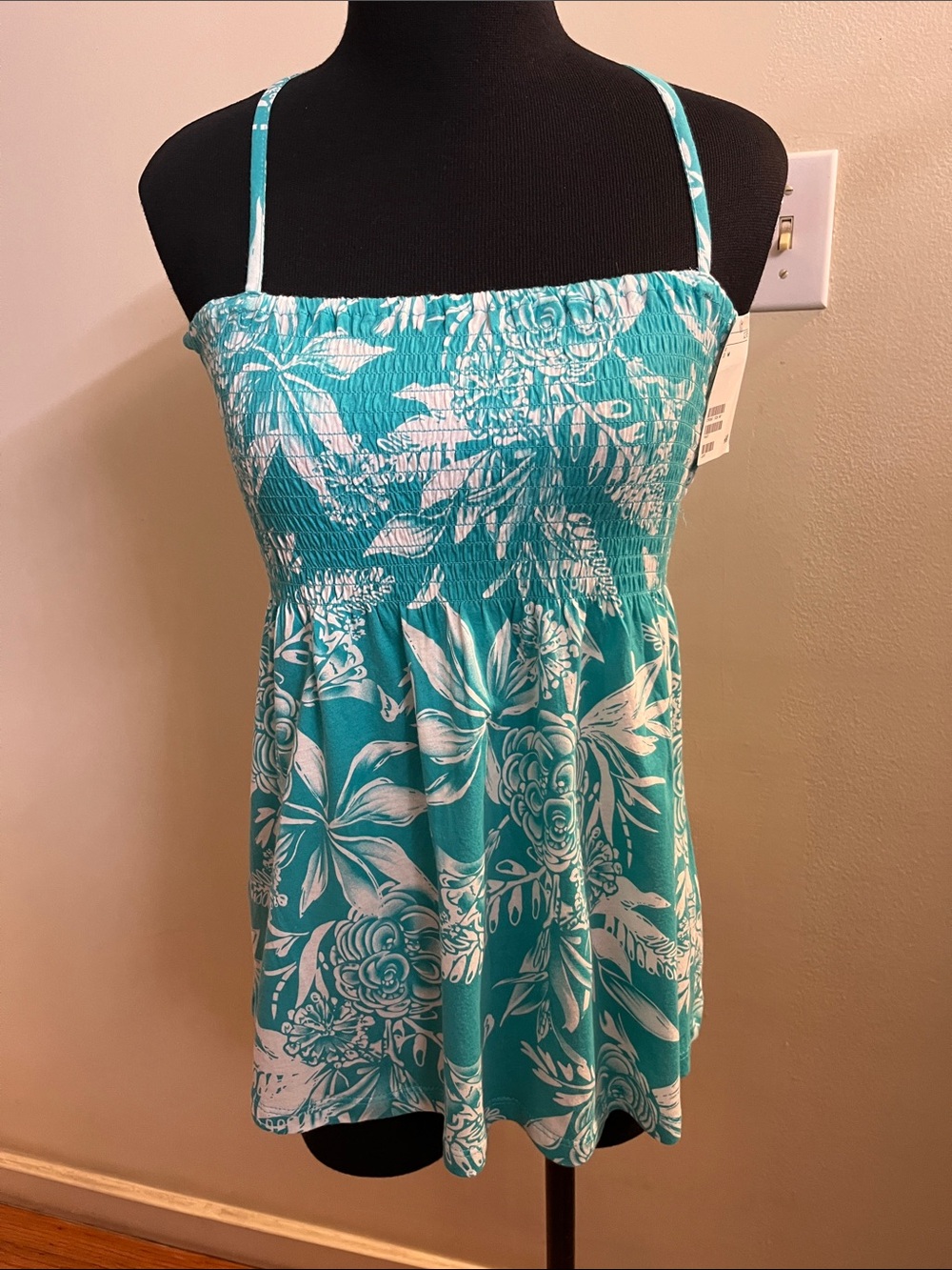 Turquoise Floral Smocked Tank Top